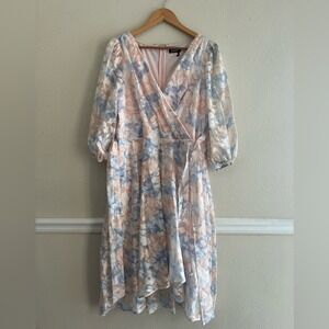 DKNY Floral Print Pastel Puff Sleeves Midi Dress Whimsical Party Preppy